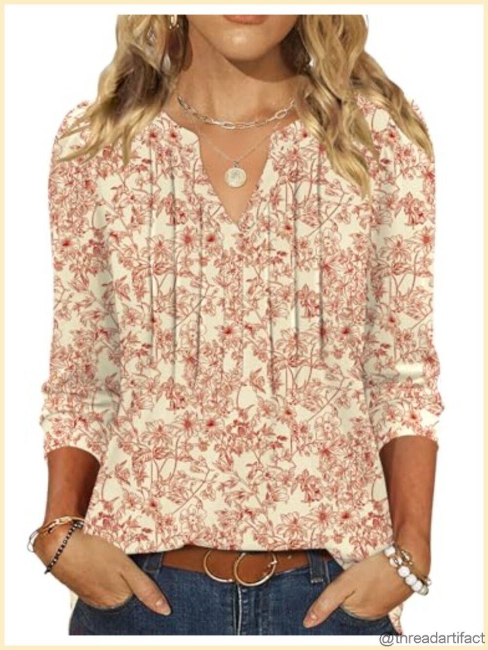 Women's 3/4 Sleeve Pleated Puff Sleeve V Neck Blouse Work Top